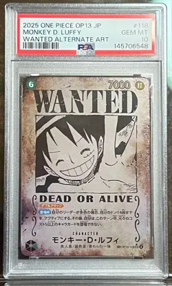 PSA 10 Luffy OP13-118 One Piece Card SEC Wanted SP Alt Art Carrying on His Will - Image 1