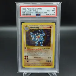 PSA 8 NM-MINT POKEMON CARD WOTC 1999 MACHAMP BASE SET SHADOWLESS 1ST ED 8/102 - Image 1