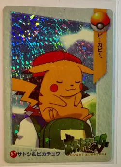 Tired Pikachu rides Ash Pocket Monster Pokemon Japan Anime Vending Prism Sticker - Image 1
