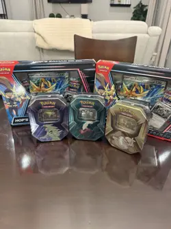 Pokemon Sealed Lot 2 Hop’s Zacian ex Boxes + 3 Tins 10 DR 7 JT Packs - Image 1