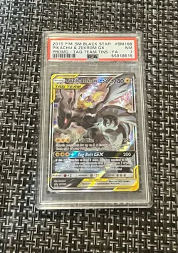 2019 Pokemon Pikachu & Zekrom GX TAG TEAM SM168 Promo Black Star PSA 7 Near Mint - Image 1
