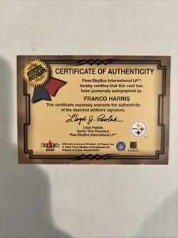 2000 Fleer Greats of the Game Franco Harris On Card Autograph Auto Pitt Steelers - Image 2