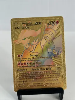 Charizard & Reshiram GX Gold Toned Foil Pokemon Card Fan Art Display Card HP270 - Image 1