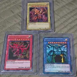 Legendary Collection Set of 3 Egyptian God Cards Slifer, Obelisk, Ra LC01 YuGiOh - Image 2
