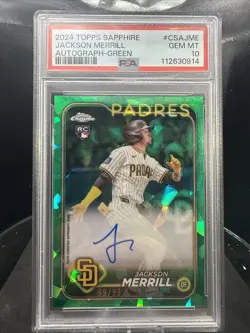 2024 Topps Chrome Sapphire Jackson Merrill #CSA-JME Green Auto /99 PSA 10 - Image 1