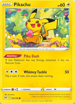 Pikachu 052/196 Common Lost Origin Pokemon Near Mint - Image 1