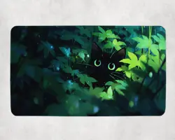 Black Cat MTG Playmat Green Mana Familiar Forest Fantasy Art 14x24 Commander EDH - Image 1