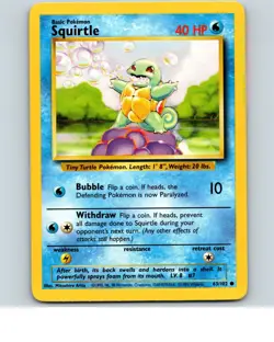 Squirtle 63/102 Common Base Set Unlimited Pokemon Near Mint - Image 1