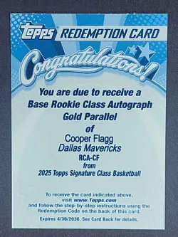 2026 Topps Cooper Flagg Gold Auto /10 REDEMPTION CARD ONLY - CLAIMED/USED - Image 1