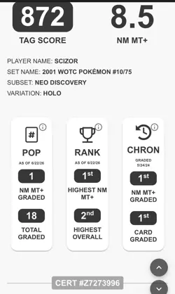 2001 Pokemon Neo Discovery Scizor Holo Rare #10 TAG 8.5 CGC 9 - Image 3