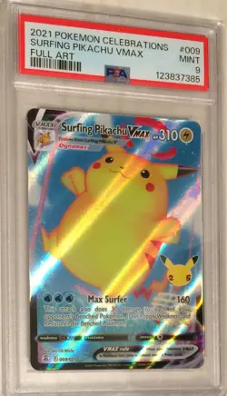 2021 Pokemon Sword & Shield Celebrations PSA 9 Surfing Pikachu VMAX Holo #009 - Image 1