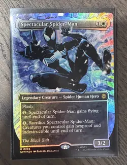 MTG Spider-Man Spectacular Spider-Man 0235 Borderless Textured Foil Black Suit - Image 1