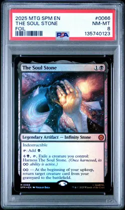 2025 MTG MARVEL'S SPIDER-MAN FOIL #0066 THE SOUL STONE PSA 8 - Image 1