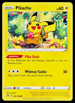 Pikachu 052/196 Common Lost Origin Pokemon Near Mint - Image 1