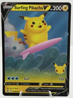 Pokemon Surfing Pikachu V Promo Holo Ultra Rare 008/025 Celebrations 200 HP EN - Image 1
