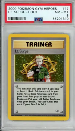 2000 Pokemon Gym Heroes Lt Surge Holo SWIRL 17 PSA 8 - Image 1