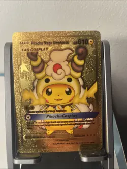 Pikachu Mega Ampharos Cosplay Metal Gold Foil Pokemon Card Fan Art Card HP610 - Image 1
