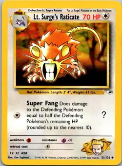 Lt. Surge's Raticate 51/132 Uncommon Gym Heroes Pokemon Unlimited Near Mint - Image 1
