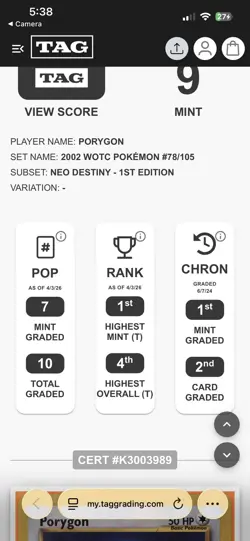 TAG 9 MINT Porygon Neo Destiny 1st Edition Pokemon Card 78/105 | Population 7!🔥 - Image 1