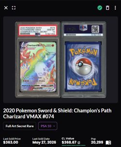 POKEMON CHARIZARD VMAX 2020 SWORD & SHIELD CHAMPION'S PATH SECRET #074 FA PSA 10 - Image 2