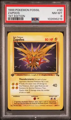 1999 POKEMON FOSSIL 1ST ED #30 ZAPDOS PSA 8 - Image 1