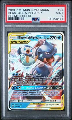 2019 POKEMON SUN & MOON COSMIC ECLIPSE #38 BLASTOISE & PIPLUP GX PSA 9 - Image 1