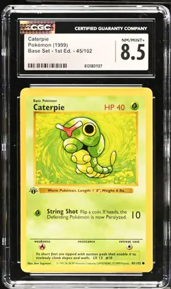 CGC 8.5 NM/MINT+ Caterpie 45/102 1st Edition Shadowless Base Set Pokemon Card - Image 1