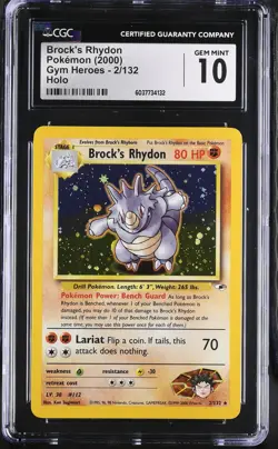 CGC 10 GEM MINT Brock's Rhydon 2000 Gym Heroes 2/132 Holo Pokemon Card - Image 1