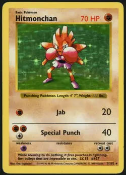 MP Hitmonchan 7/102 1999 Base Set Shadowless Pokemon Card WOTC Vintage Holo Rare - Image 1