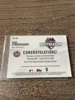 NOAH SYNDERGAARD 2018 TOPPS UPDATE SERIES 2015 POSTSEASON LOGO PATCH #’D /50 - Image 2