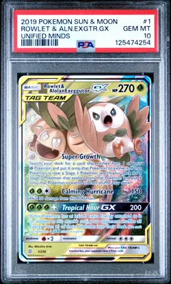 2019 POKEMON SUN & MOON UNIFIED MINDS #1 ROWLET & ALOLAN EXEGGUTOR GX PSA 10 - Image 1