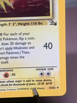 Pokemon TCG Zapdos Holo Rare Unlimited 15/62 Fossil Base Set 1999 WOTC VTG NM- - Image 4