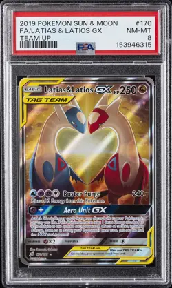 2019 POKEMON SUN & MOON TEAM UP #170 FULL ART/LATIAS & LATIOS GX PSA 8 - Image 1