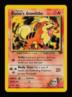 Blaine's Growlithe 62/132 Unlimited Common Gym Challenge Pokemon Cards - Image 1
