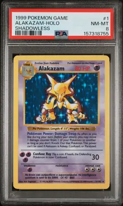 1999 POKEMON GAME SHADOWLESS #1 ALAKAZAM-HOLO PSA 8 - Image 1