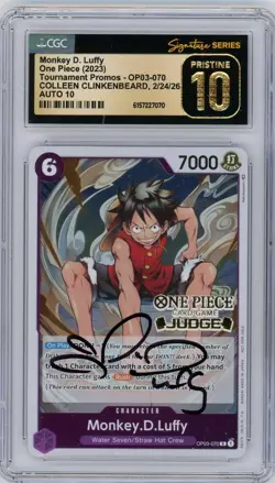 CGC Pristine 10 Auto 10 Colleen Clinkenbeard MONKEY D LUFFY Judge Promo OP03-070 - Image 1