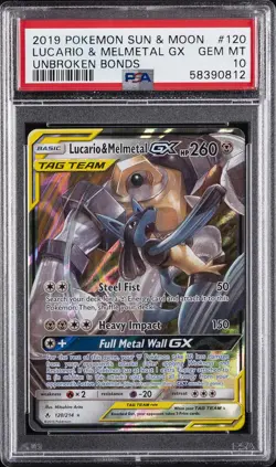 2019 POKEMON SUN & MOON UNBROKEN BONDS #120 LUCARIO & MELMETAL GX PSA 10 - Image 1