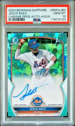 JESUS BAEZ 2023 Bowman Chrome Sapphire 1st AQUA REFRACTOR AUTO PSA 10 Gem SP /99 - Image 1