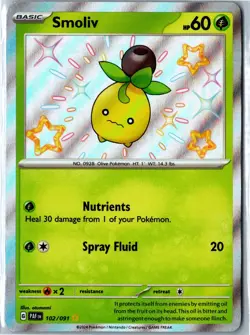 Pokemon Card - Smoliv Paldean Fates 102/091 Shiny Rare Holo Near Mint - Image 1