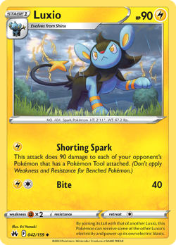 LUXIO 042/159 UNCOMMON CROWN ZENITH POKEMON REVERSE HOLO NEAR MINT - Image 1