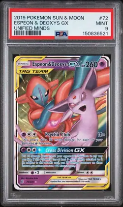 2019 S&M Unified Minds Espeon & Deoxys GX 72/236 Holo TAG TEAM PSA 9 - Image 1