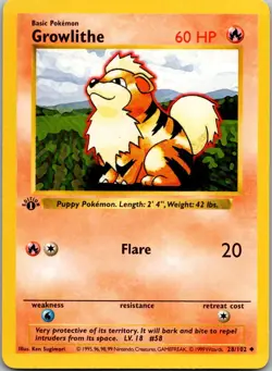 Growlithe 28/102 Uncommon Base Set Shadowless Pokemon 1st Edition MP - Image 1