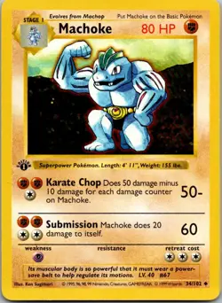 Machoke 34/102 Uncommon Base Set Shadowless Pokemon 1st Edition Lightly Played - Image 1