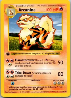 Arcanine 23/102 Uncommon Base Set Shadowless Pokemon 1st Edition MP - Image 1
