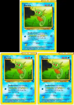 3x HORSEA pokemon FOSSIL ENGLISH 40 HP BLUE SMOKESCREEN #49/62 MINT CARD LOT - Image 1