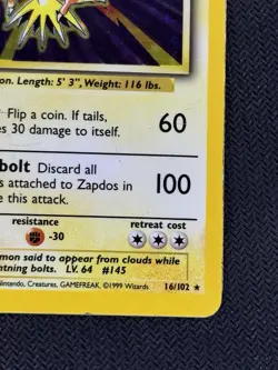Pokemon TCG Zapdos 16/102 Base Set Holo Rare Card - Creased - Image 4