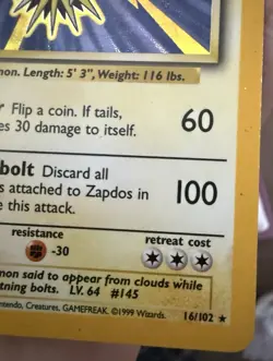 Pokemon TCG Zapdos Holo Rare Card 16/102 Base Set Vintage WOTC - Image 2