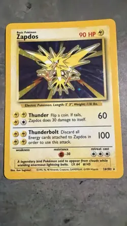 Pokemon TCG Zapdos Holo Rare Card Base Set 16/102, 1999 - Image 1