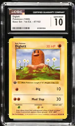 CGC 10 GEM MINT Diglett 47/102 1st Edition Shadowless Base Set Pokemon Card - Image 1
