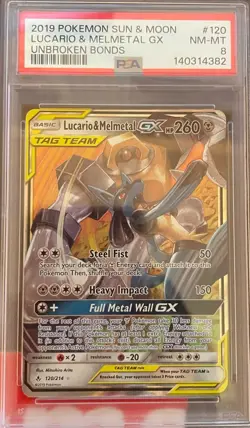 Pokemon TCG Lucario & Melmetal GX 120/214 Tag Team Unbroken Bonds PSA 8 - Image 1